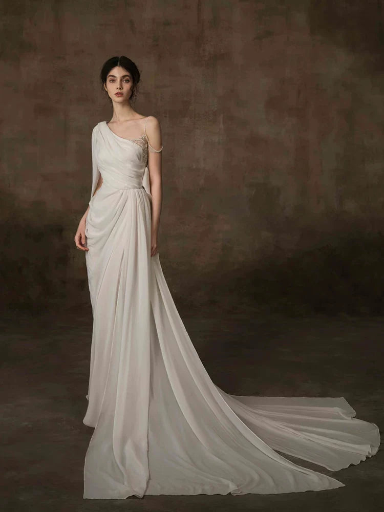 Xmzty | Simple White French-Inspired Light Luxury Wedding Dress with Veil