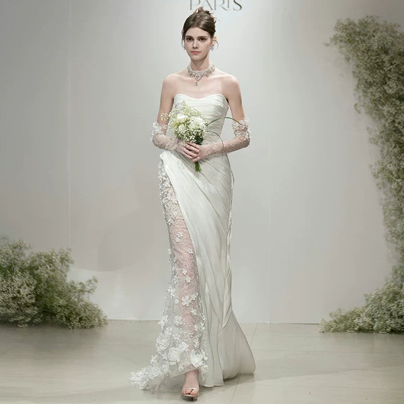 Xmzty | White Tube Top Light Luxury Wedding Dress with Fishtail Skirt