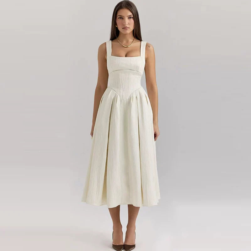 Xmzty | French High-End Lustrous Suspender Midi Dress with Waist-Defining Fit