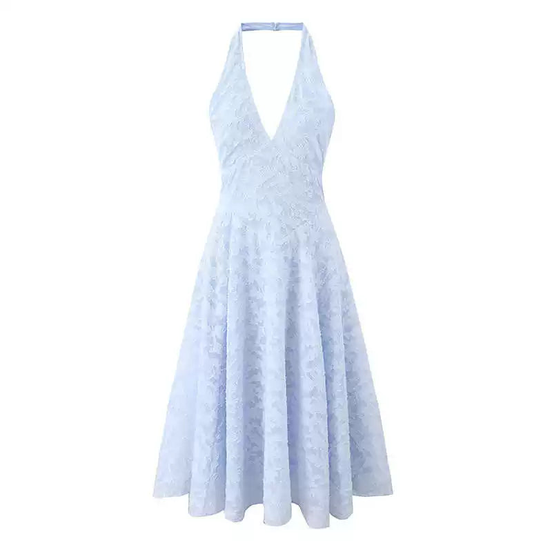 Xmzty | French Fairy Blue Jacquard V-Neck Backless Halter Holiday Dress for Women
