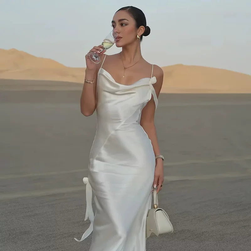 Xmzty | French Satin Backless Holiday Slip Dress with Floral Detail