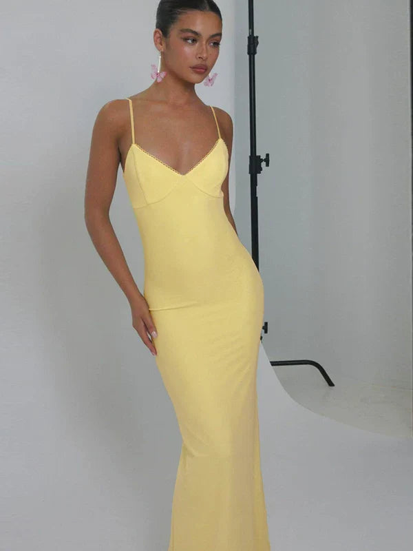 Xmzty | European-American Double-Layer Mesh Deep V-Neck Backless Suspender Maxi Dress for Women