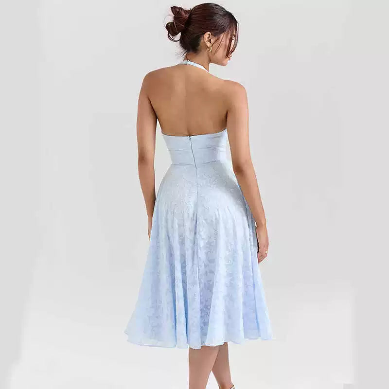 Xmzty | French Fairy Blue Jacquard V-Neck Backless Halter Holiday Dress for Women