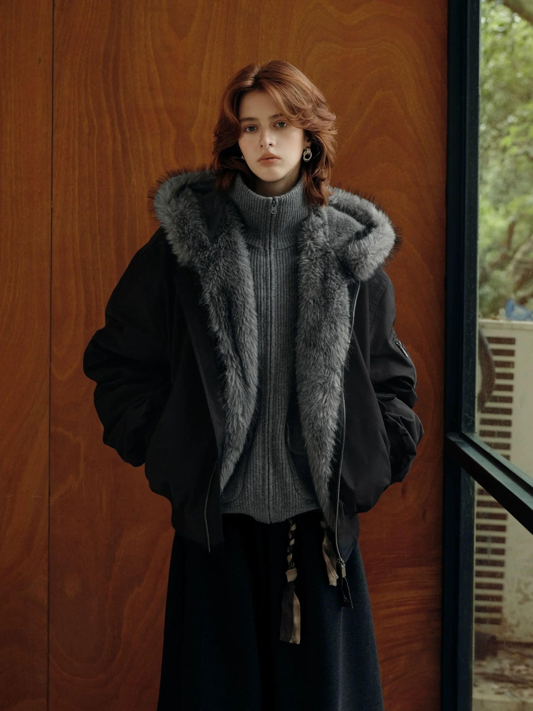 Xmzty | American Knitted Bomber Jacket with Fur Collar