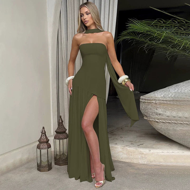 Xmzty | European-American One-Shoulder Tube Top High-Slit MIDI Dress for Women