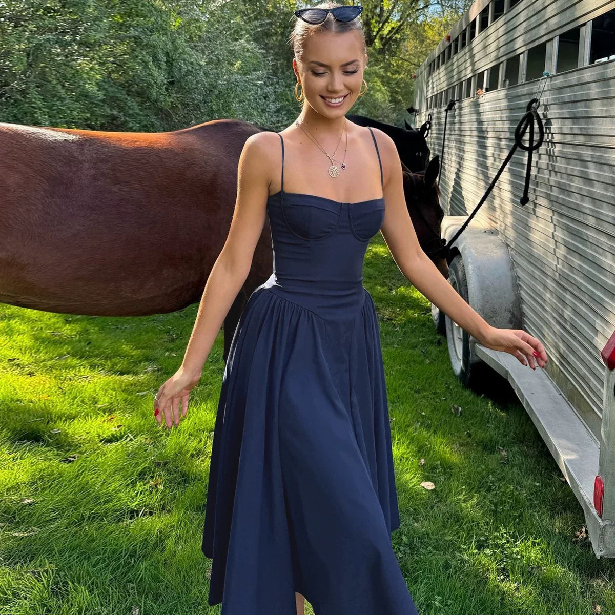 Xmzty | European-American One-Shoulder Suspender Pleated Maxi Dress for Women