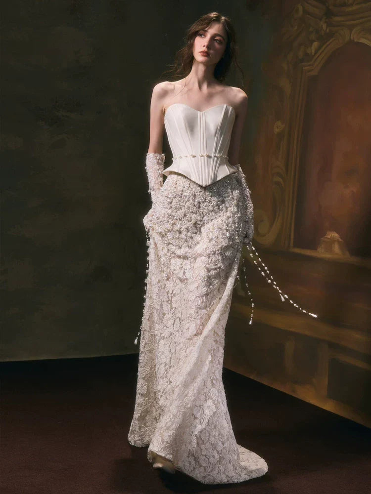 Xmzty | French Tube Top White Pearl Lace Fishtail Wedding Dress