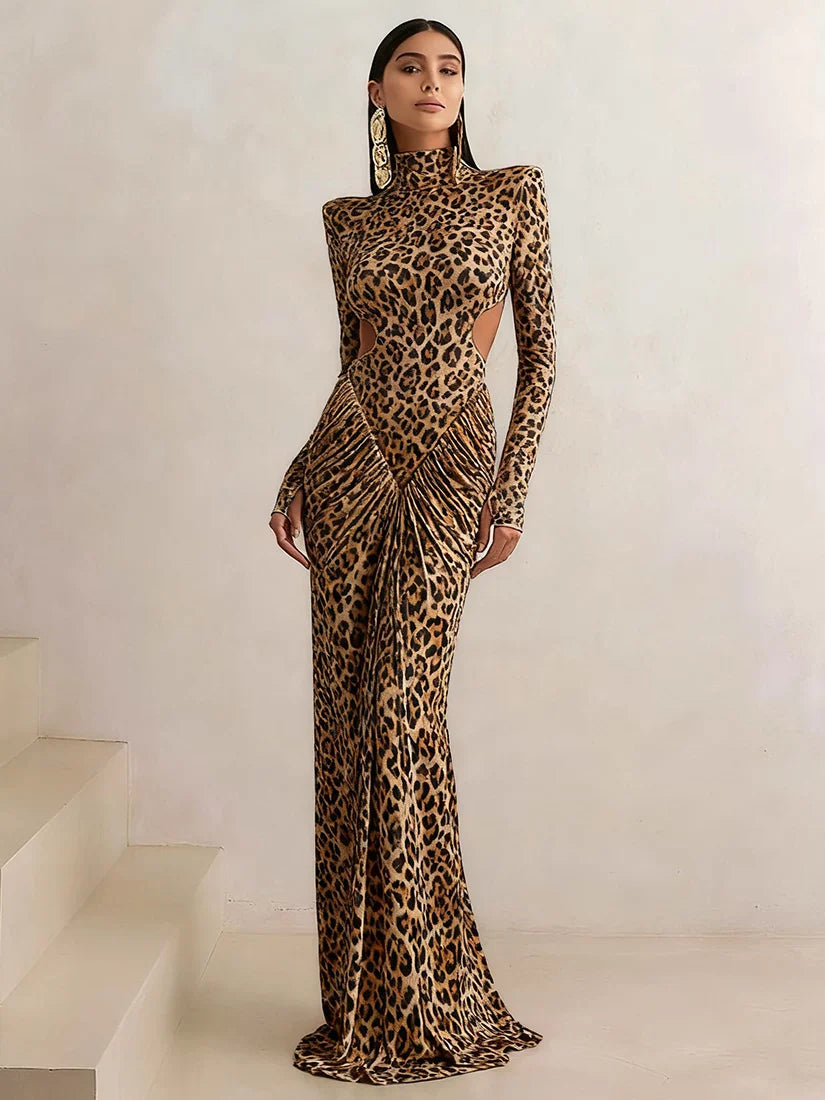 Xmzty | Leopard Print Backless Long Sleeve Dress with Stand Collar for Women