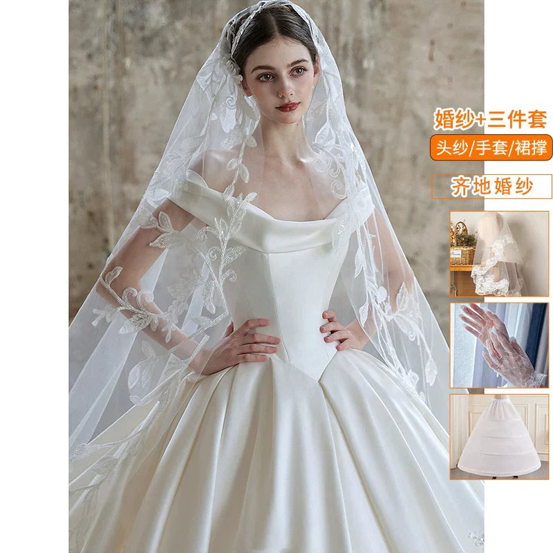 Xmzty | One-Shoulder French High-End Satin Wedding Dress with Trailing Skirt