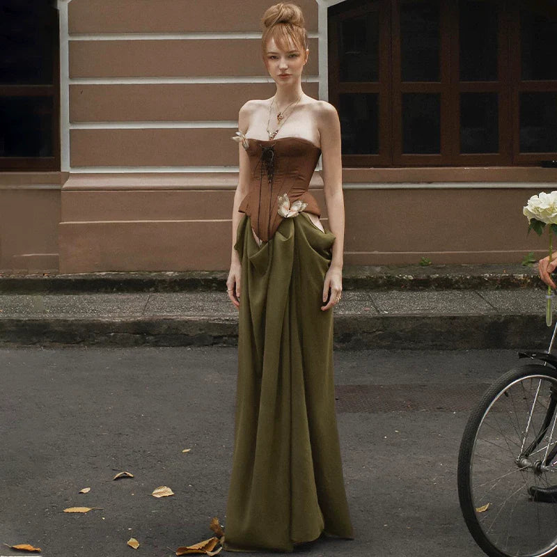 Xmzty | Elegant Brown Mesh Belted Suspender Maxi Dress for Women