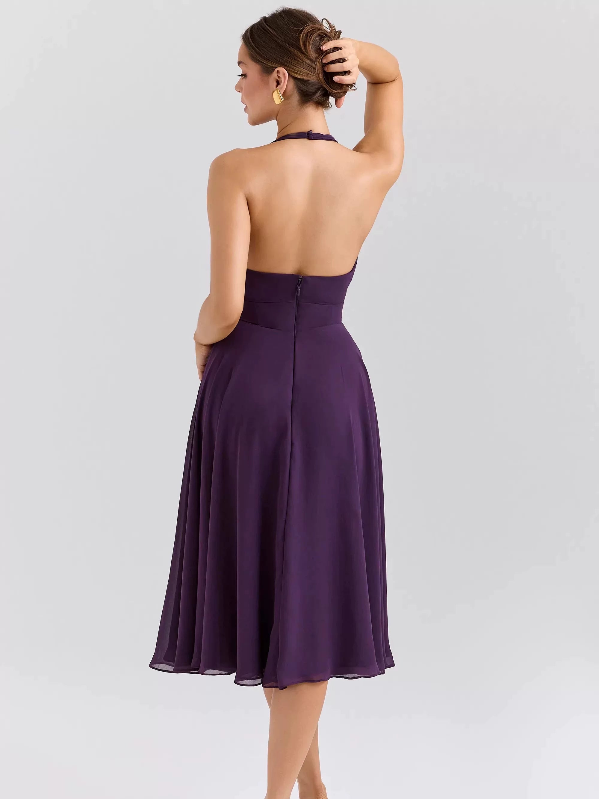 Xmzty | French Romantic Purple Halter Neck Backless Deep V Dress for Women