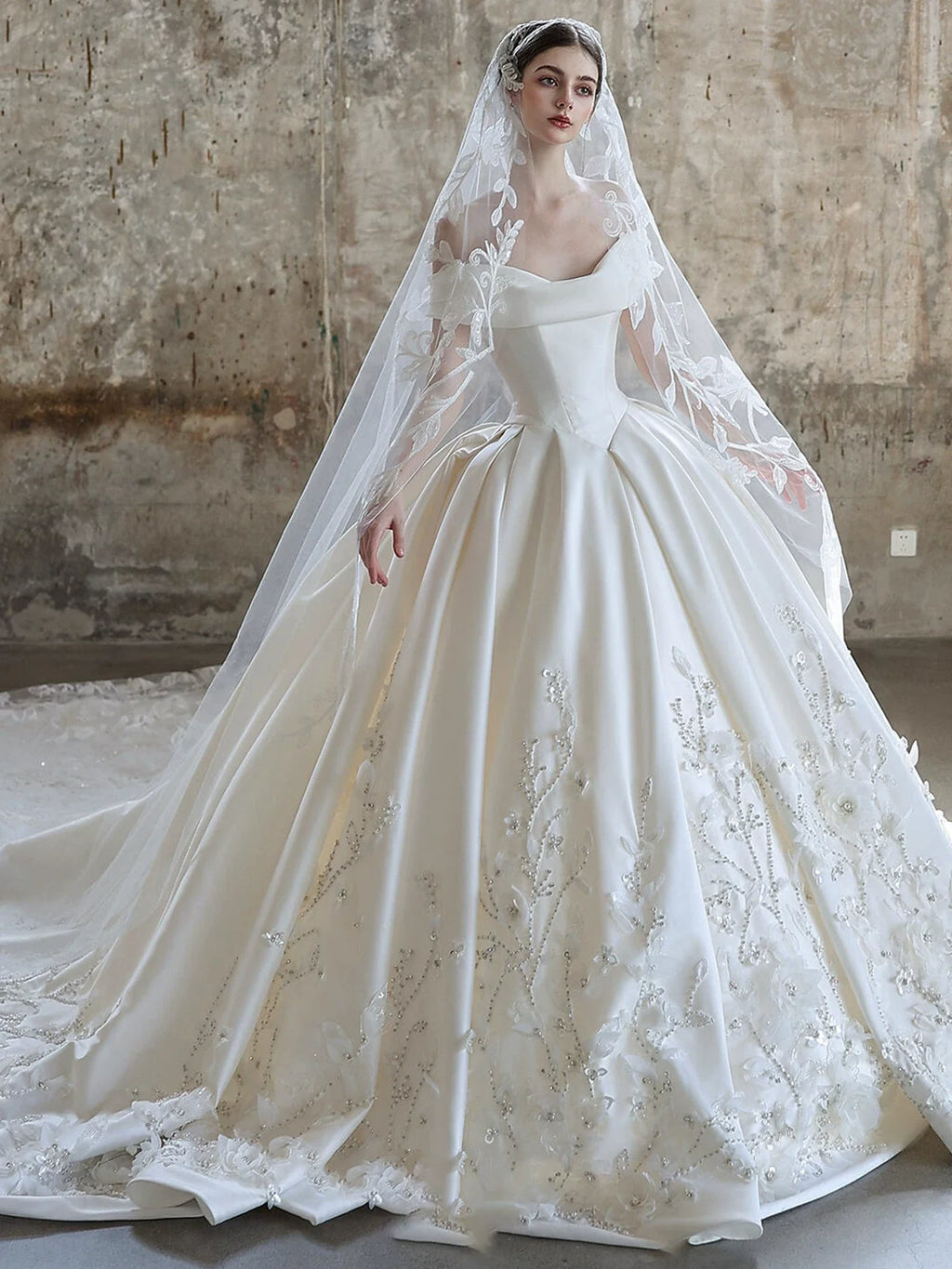 Xmzty | One-Shoulder French High-End Satin Wedding Dress with Trailing Skirt