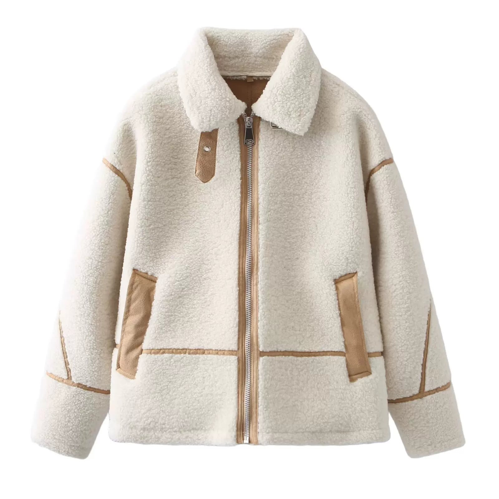 Xmzty | American Retro Motorcycle Jacket with Contrast Fleece Lapel