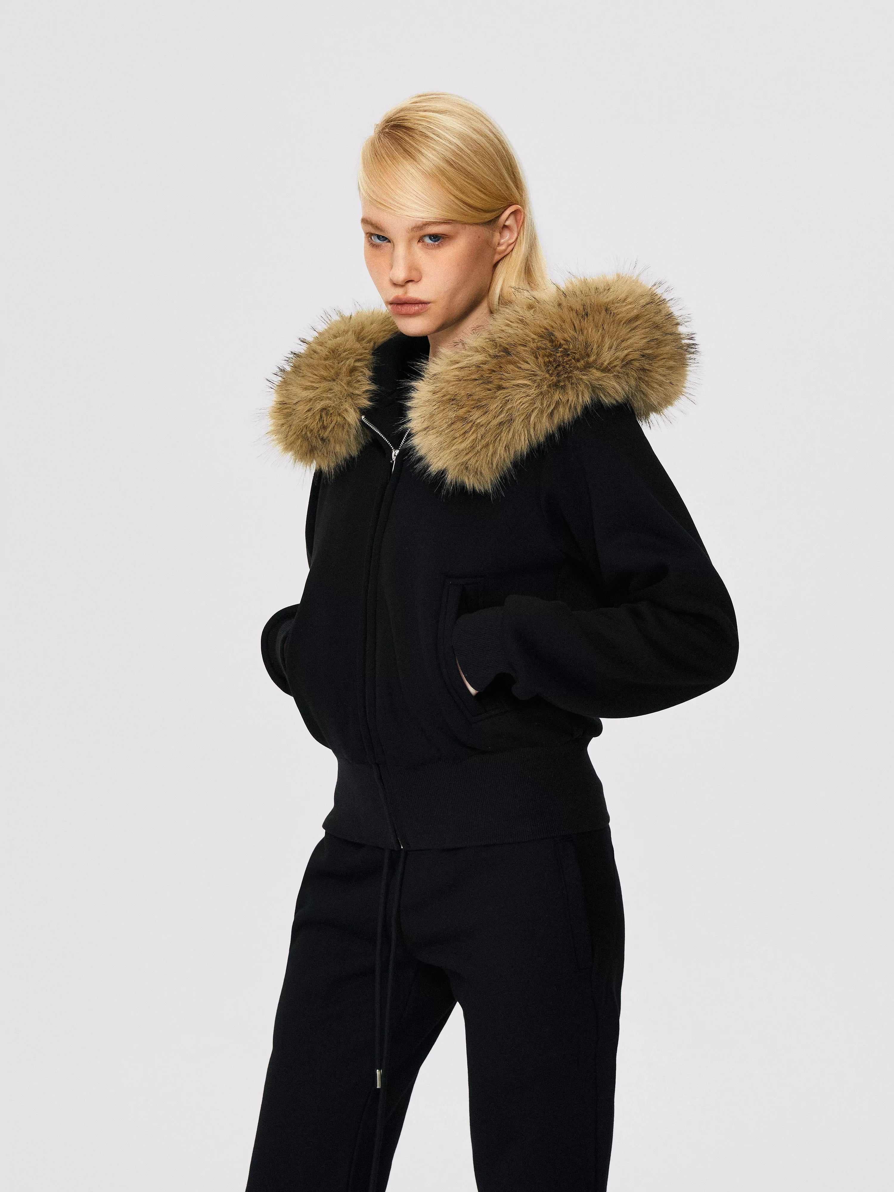 Xmzty | Fur-Lined Hooded Zipper Sweatshirt Jacket for Women