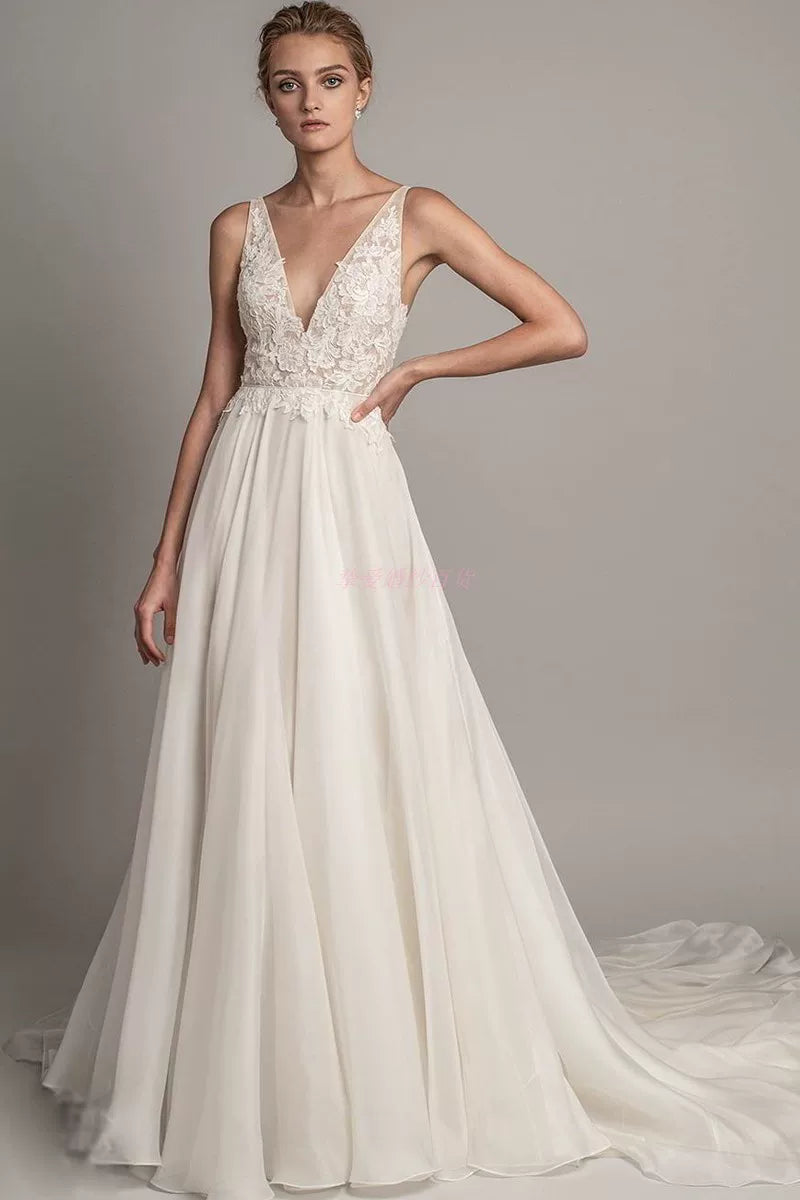 Xmzty | Double Shoulder Deep V Neck Lace Long Dress for Light Weddings