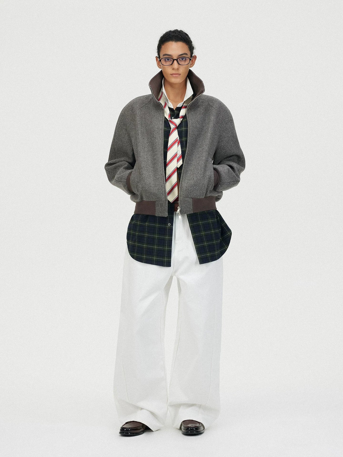 Xmzty | Herringbone Wool High-Collar Curved Shoulder Jacket