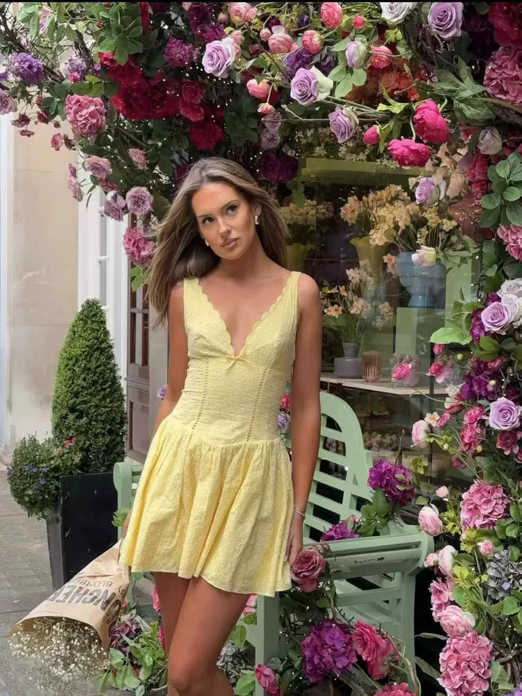 Xmzty | French Pure Desire Deep V-Neck Bow Embroidered Lace A-Line Mini Dress for Women