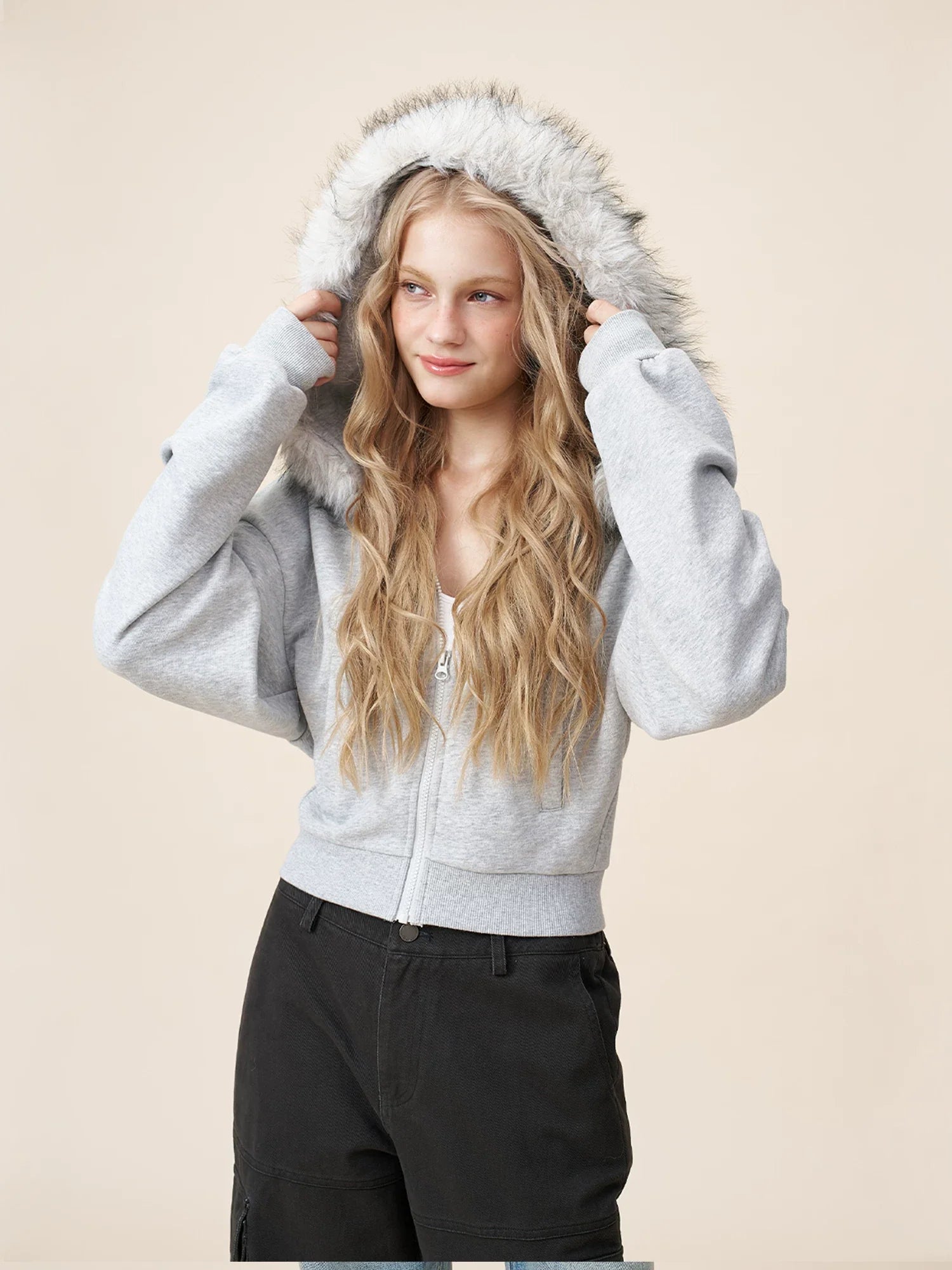 Xmzty | American Retro Detachable Hood Fur Collar Short Jacket