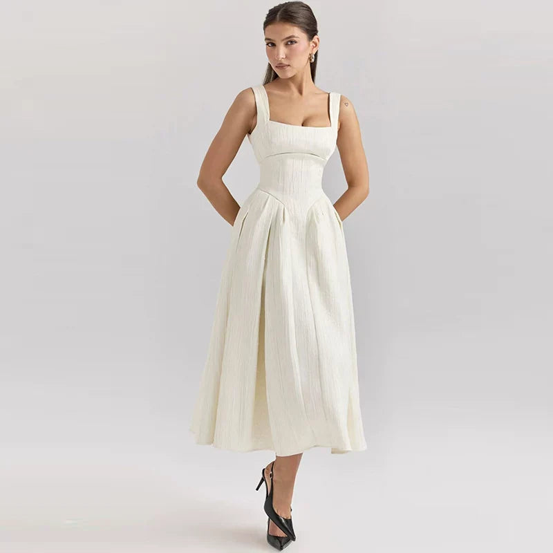 Xmzty | French High-End Lustrous Suspender Midi Dress with Waist-Defining Fit