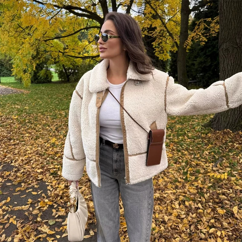 Xmzty | American Retro Motorcycle Jacket with Contrast Fleece Lapel