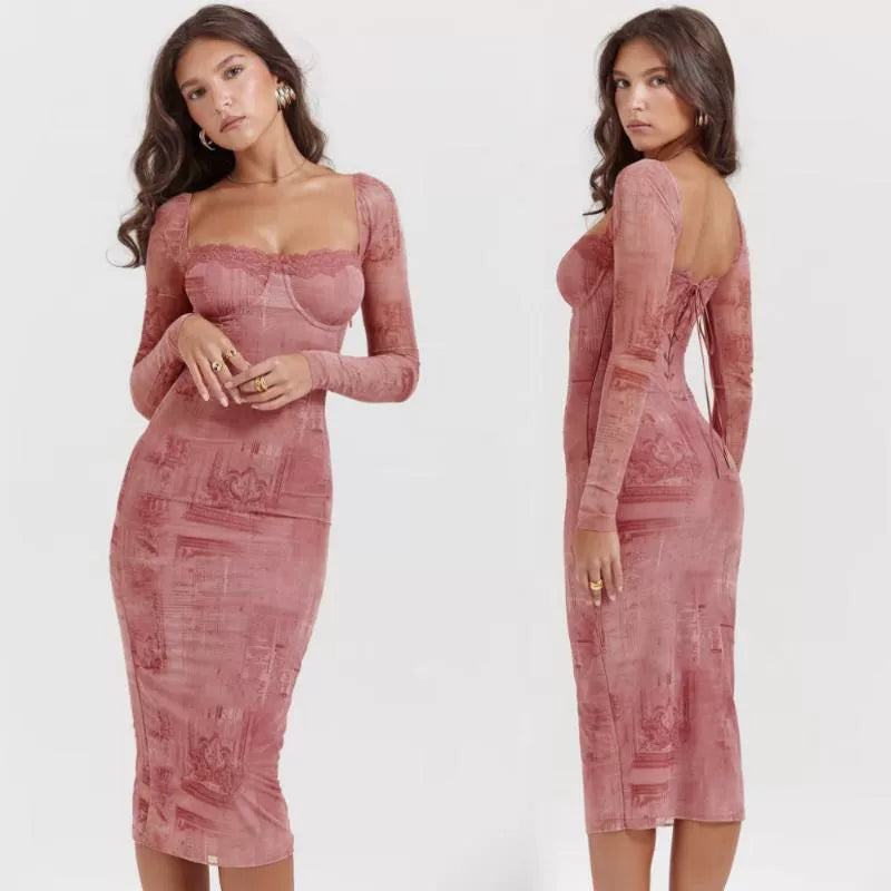 Xmzty | French Retro Lace Printed Bodycon Dress for Women