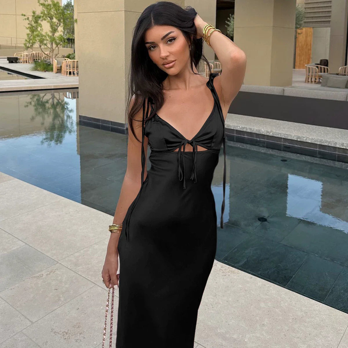 Xmzty | French-Inspired Satin Suspender Dress with Hollow Design and Fishtail midi Skirt