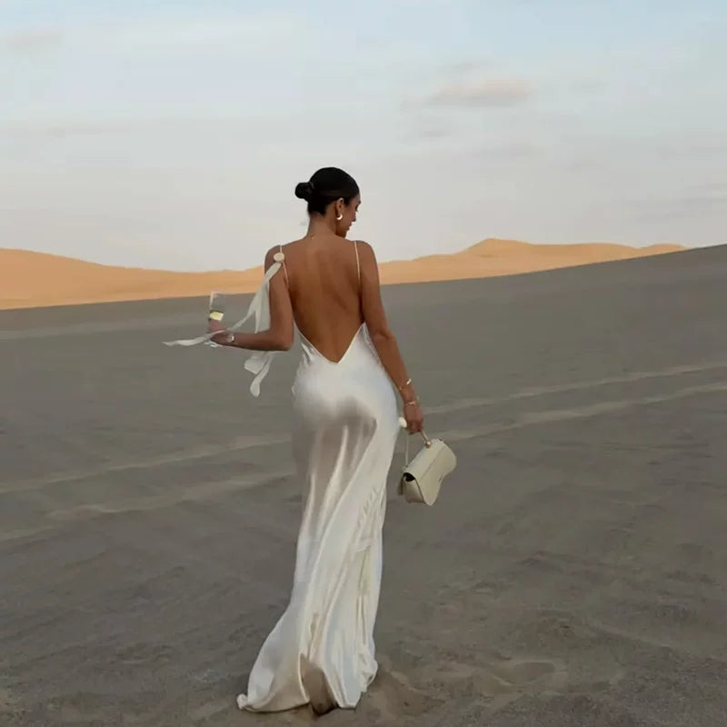 Xmzty | French Satin Backless Holiday Slip Dress with Floral Detail