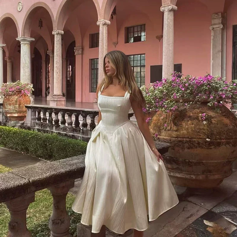 Xmzty | French High-End Lustrous Suspender Midi Dress with Waist-Defining Fit