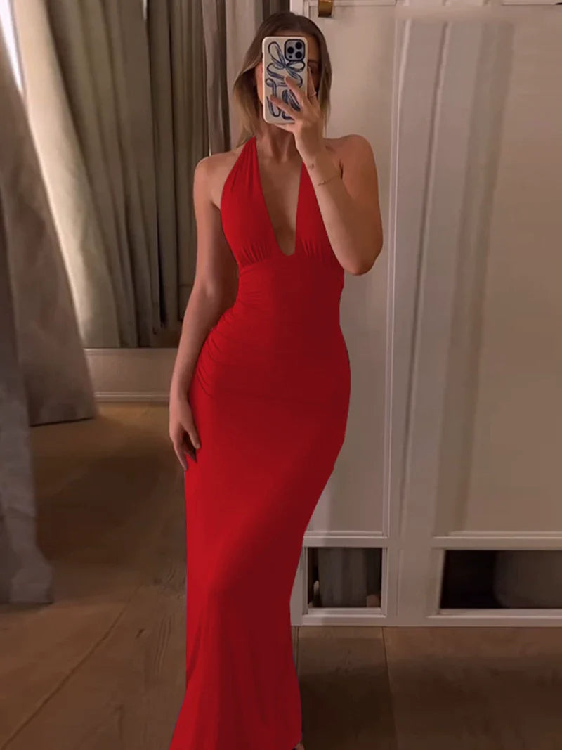 Xmzty | European-American Deep V-Neck Strappy Pleated Maxi Dress for Women