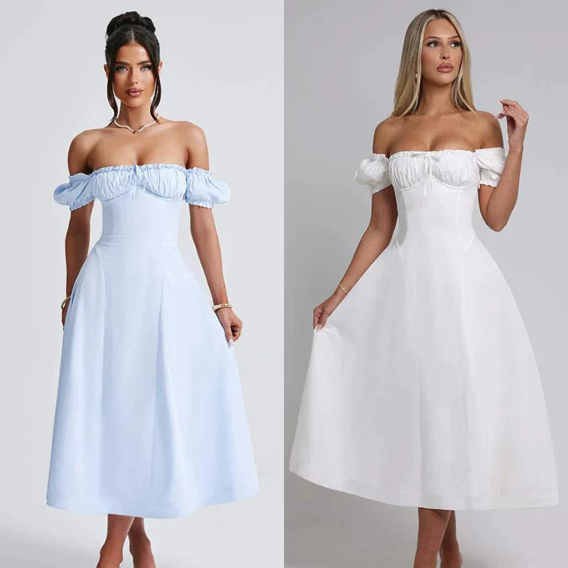 Xmzty | French Sweet One-Shoulder Puff Sleeve Midi Dress with Bow