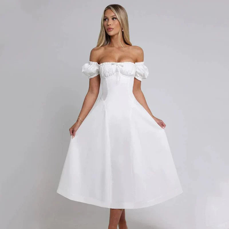 Xmzty | French Sweet One-Shoulder Puff Sleeve Midi Dress with Bow