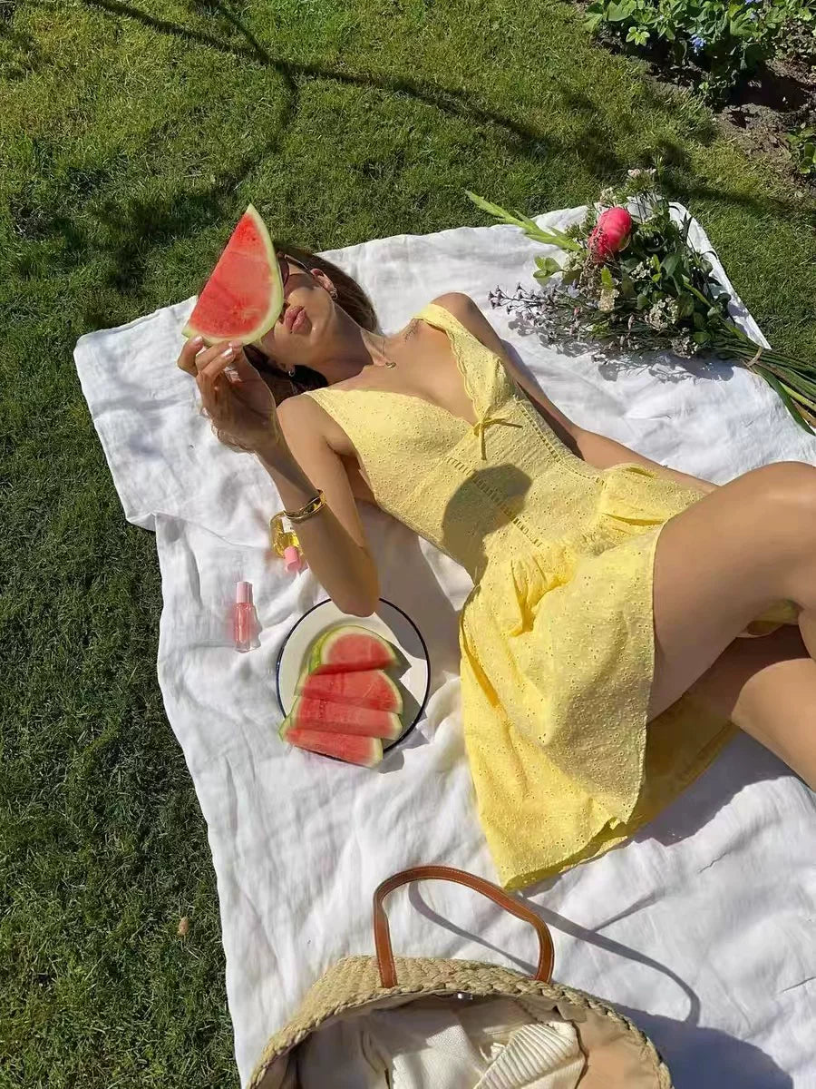 Xmzty | French Pure Desire Deep V-Neck Bow Embroidered Lace A-Line Mini Dress for Women