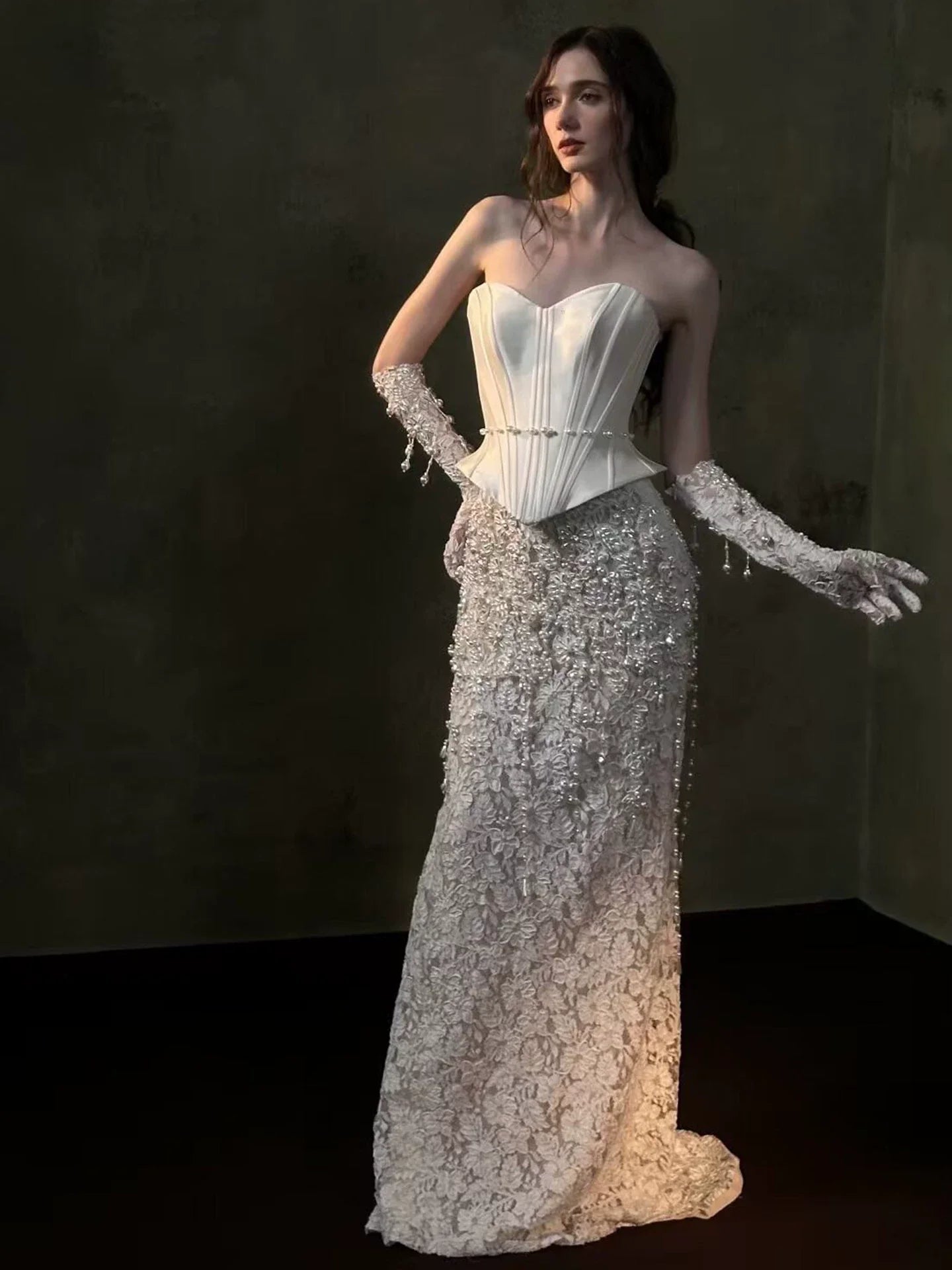 Xmzty | French Tube Top White Pearl Lace Fishtail Wedding Dress