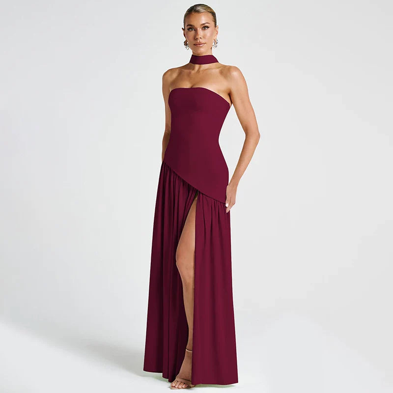 Xmzty | European-American One-Shoulder Tube Top High-Slit MIDI Dress for Women