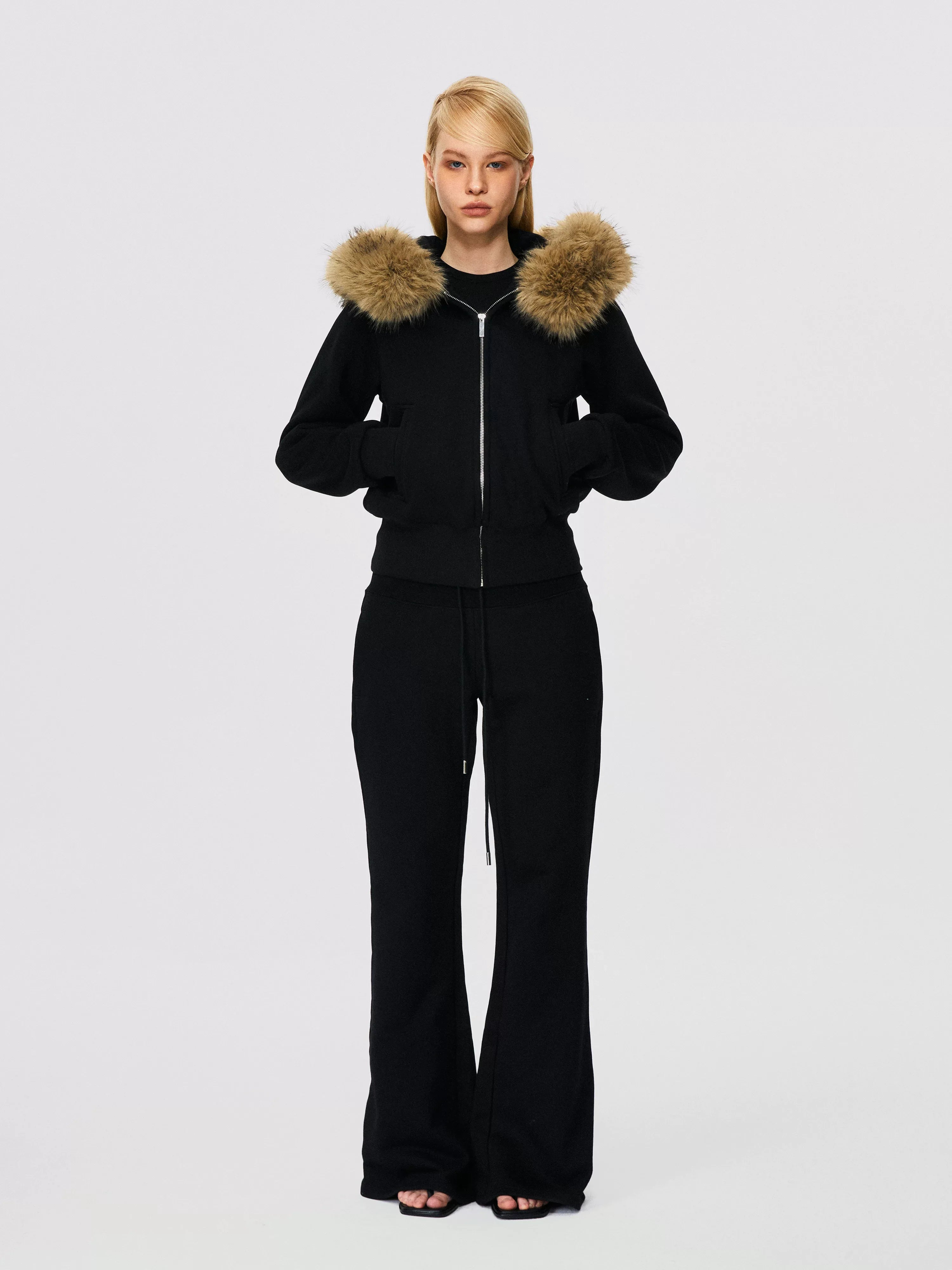 Xmzty | Fur-Lined Hooded Zipper Sweatshirt Jacket for Women