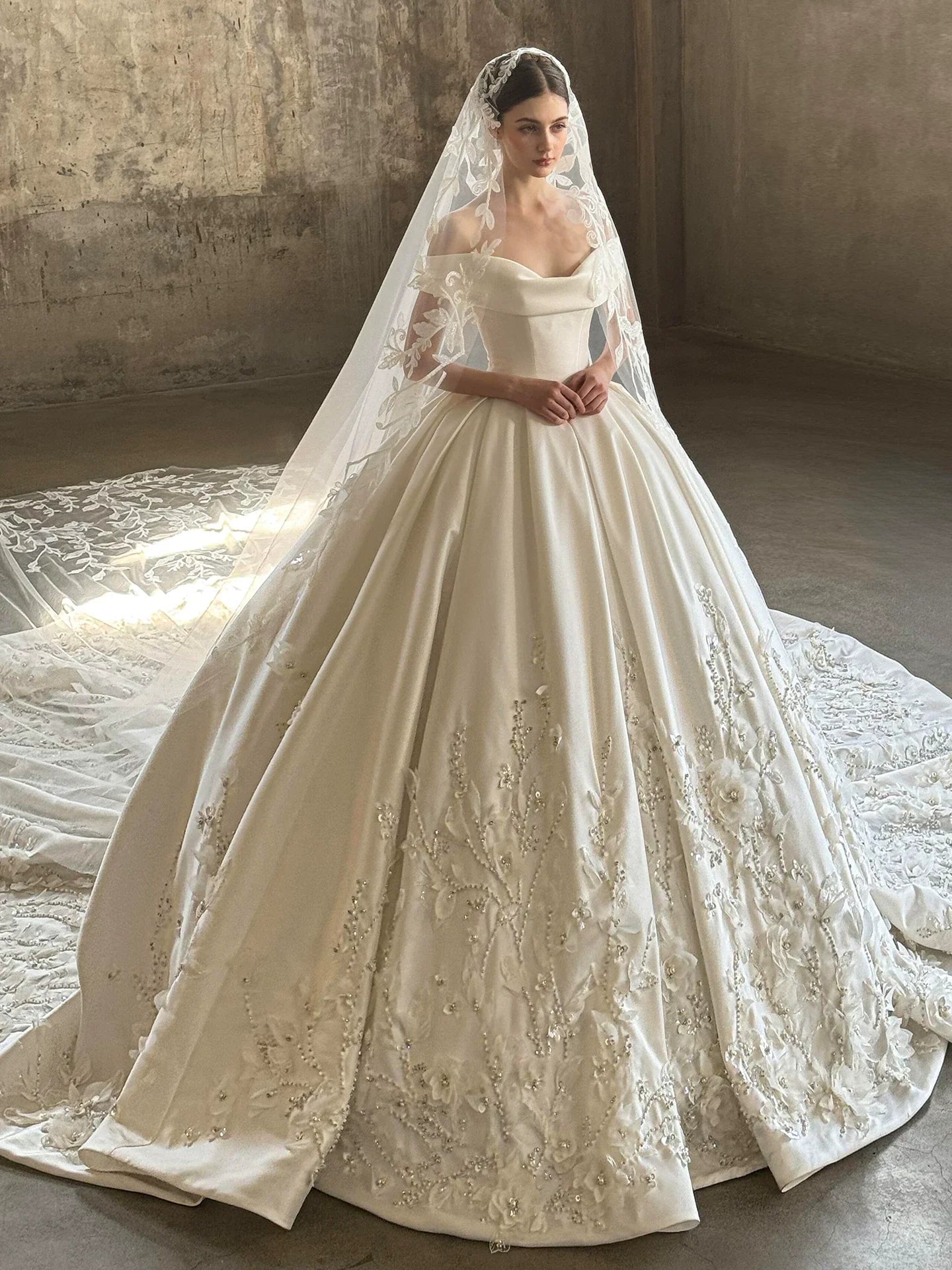 Xmzty | One-Shoulder French High-End Satin Wedding Dress with Trailing Skirt