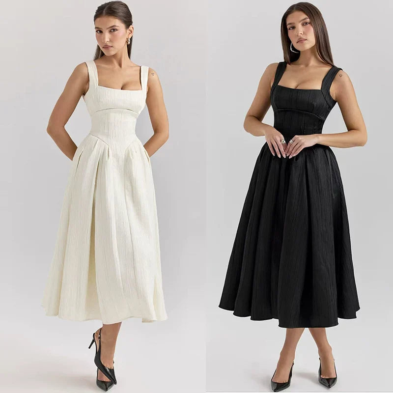 Xmzty | French High-End Lustrous Suspender Midi Dress with Waist-Defining Fit