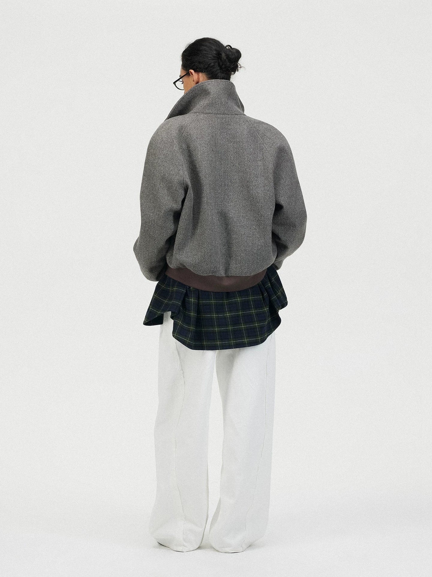 Xmzty | Herringbone Wool High-Collar Curved Shoulder Jacket