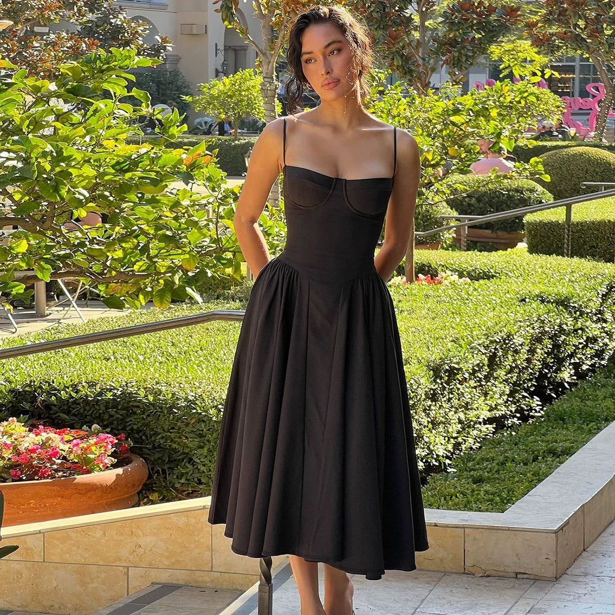 Xmzty | European-American One-Shoulder Suspender Pleated Maxi Dress for Women