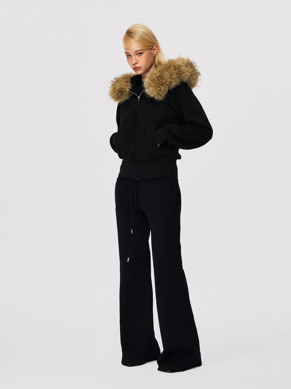 Xmzty | Fur-Lined Hooded Zipper Sweatshirt Jacket for Women