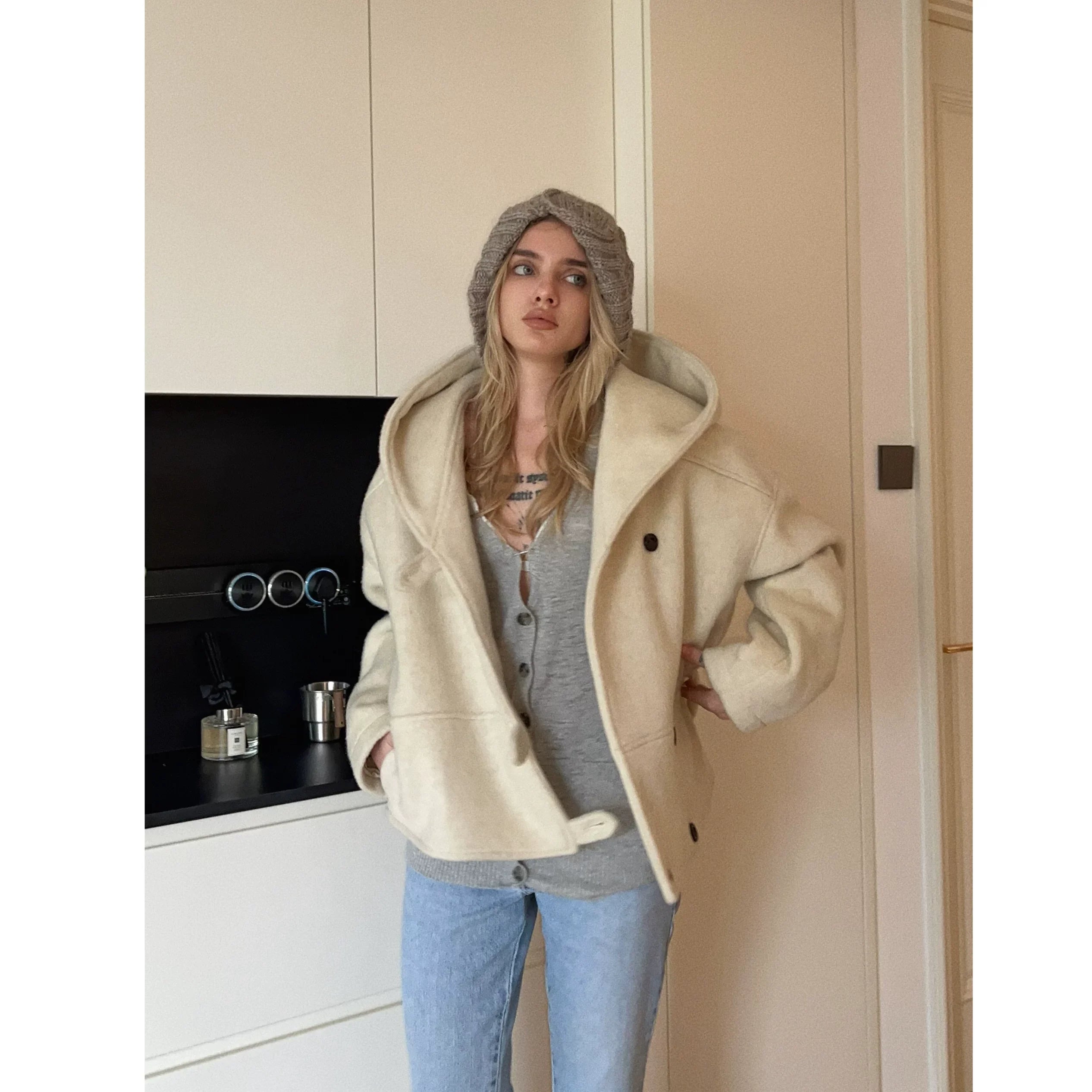 Xmzty | 100% Wool Hooded Drop Shoulder Short Coat with Belt