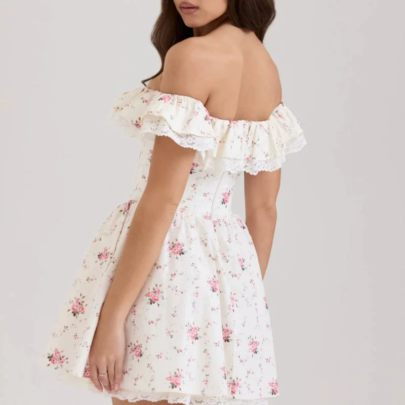 Xmzty | French Sweet One Shoulder Floral Dress with Bow for Women