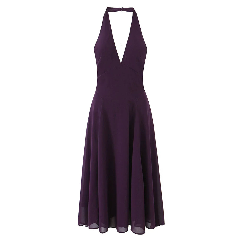 Xmzty | French Romantic Purple Halter Neck Backless Deep V Dress for Women