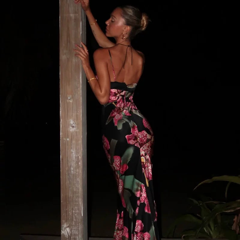 Xmzty | European-American V-Neck Lace Spliced Suspender Dress with Back Slit for Women