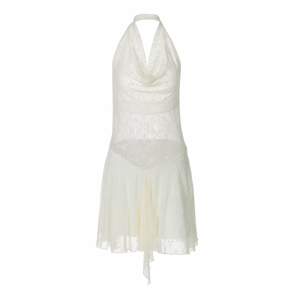 Xmzty | Pure Sexy Semi-Sheer Jacquard Lace Halter Neck High-Waist Mini Dress for Women