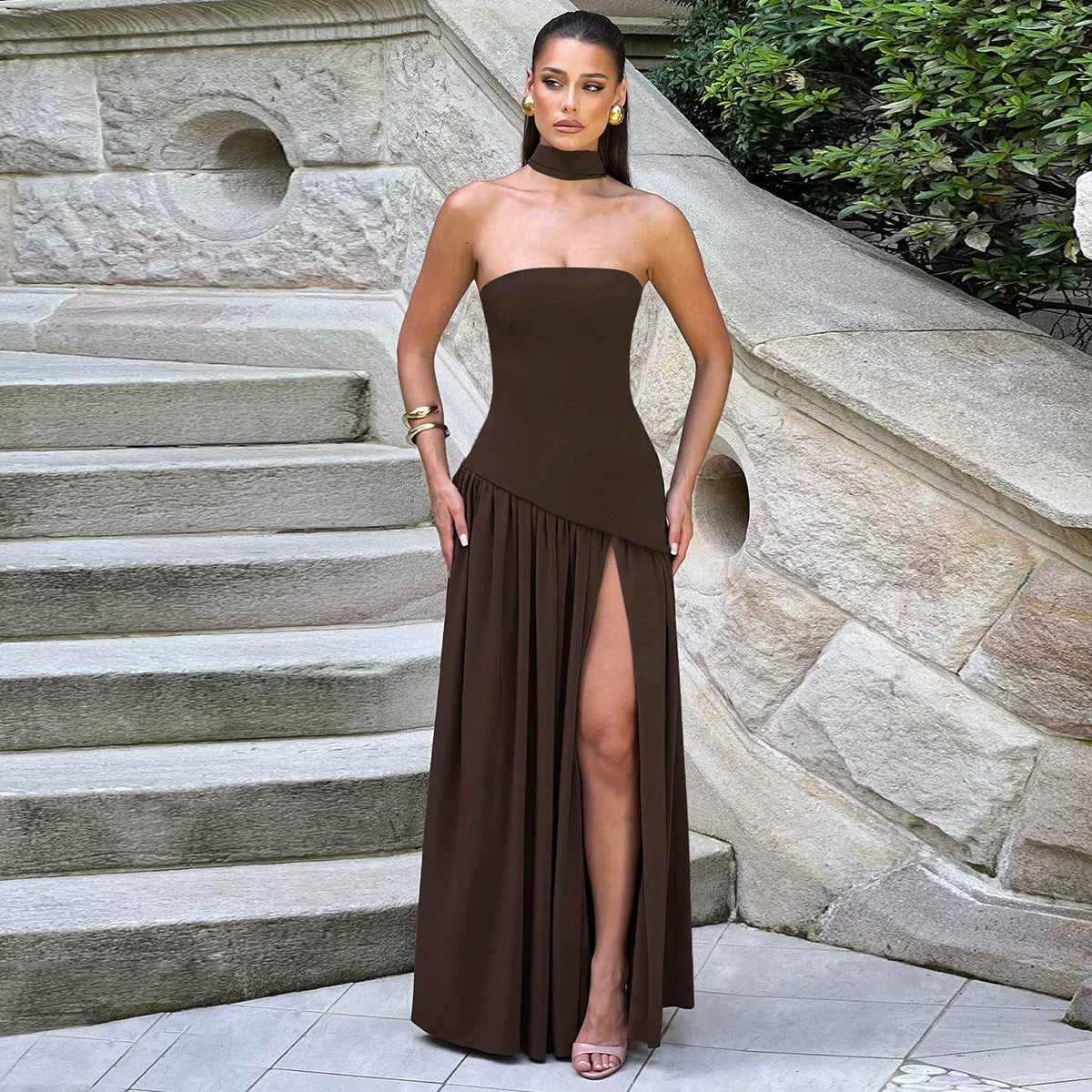 Xmzty | European-American One-Shoulder Tube Top High-Slit MIDI Dress for Women