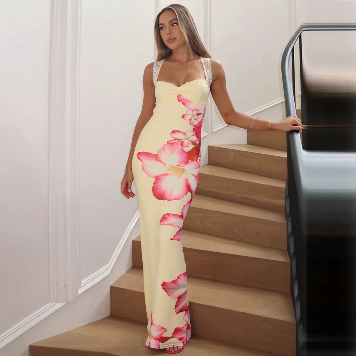 Xmzty | European-American Double-Layer Mesh Lace Suspender Maxi Dress for Women