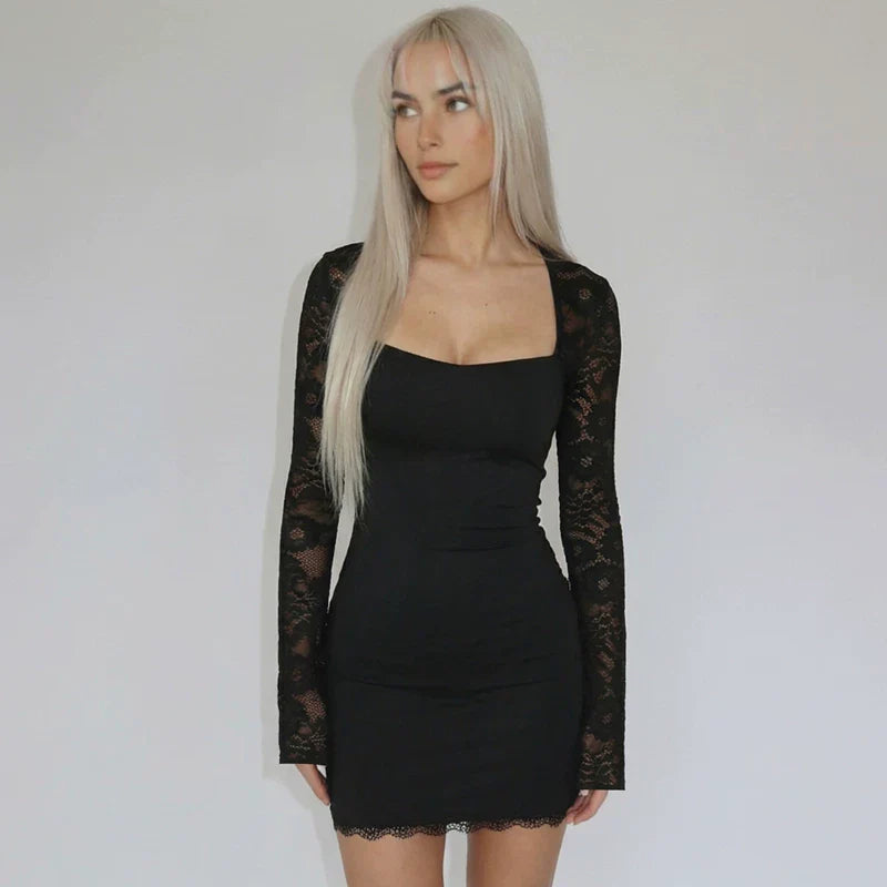 Xmzty | Temperament Square Neck Lace Splicing Long-Sleeve Dress for Women
