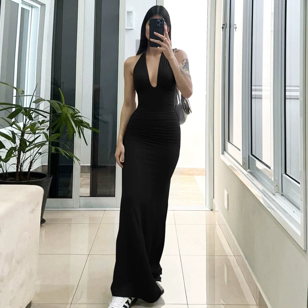 Xmzty | European-American Deep V-Neck Strappy Pleated Maxi Dress for Women