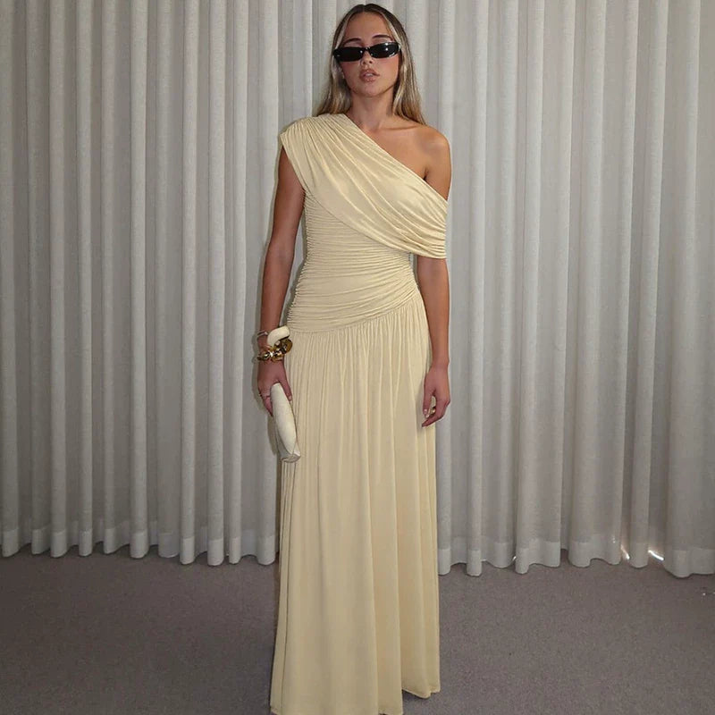 Xmzty | Irregular Off-Shoulder High-Waist Pleated Maxi Dress for Women